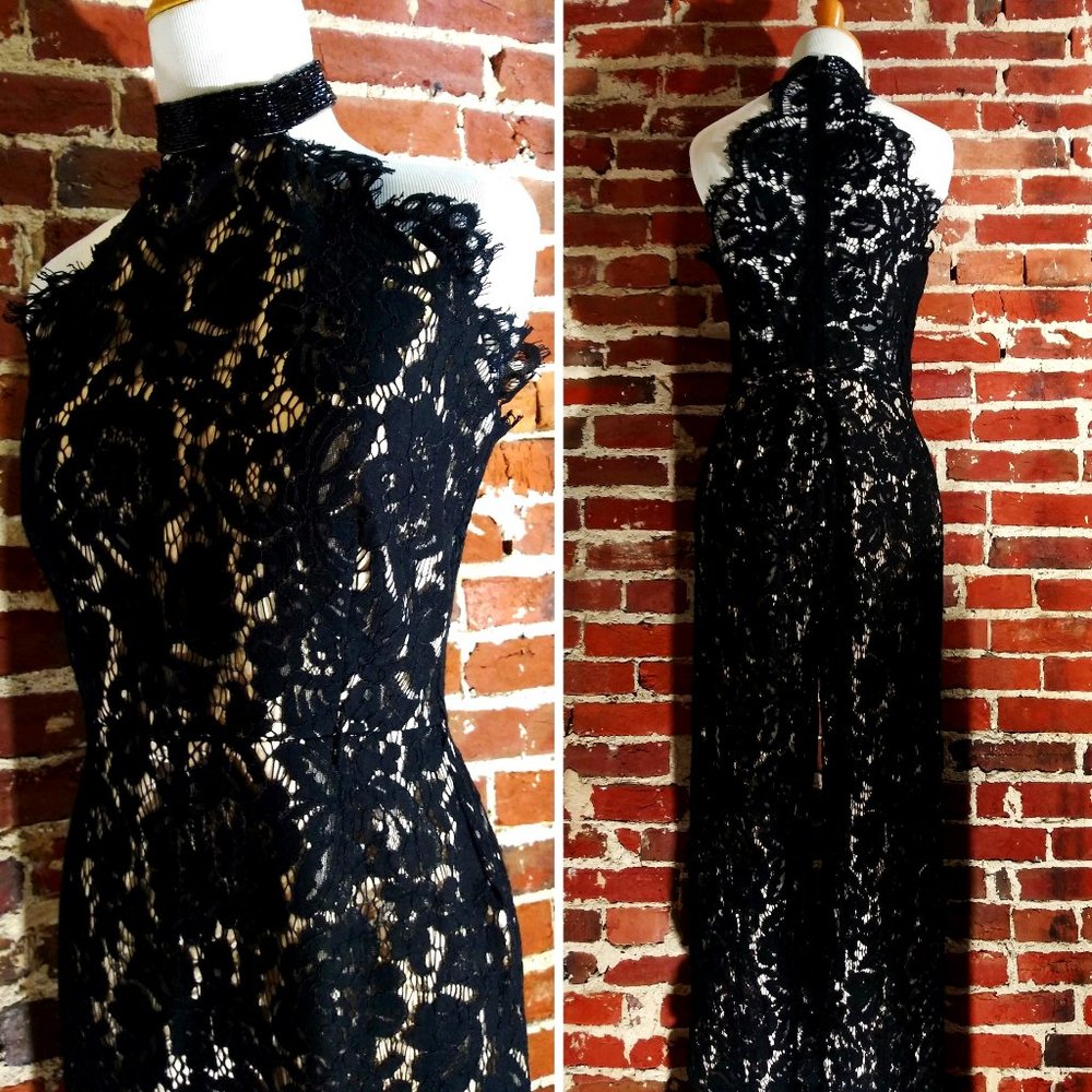 LOTUS THREADS Eyelash Lace Beaded high-neck jumpsuit Black w/ silky gold lining